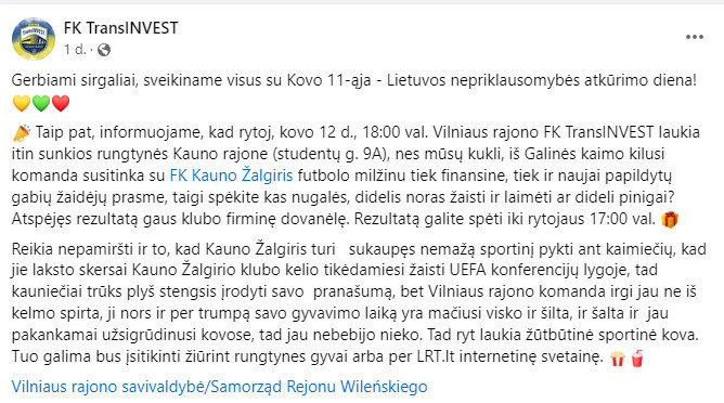 "TransINVEST" įrašas feisbuke prieš rungtynes