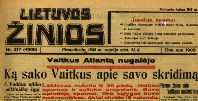 epaveldas.lt nuotr. /„Lietuvos žinių“ pirmasis puslapis 1935 m. rugsėjo 23 d.