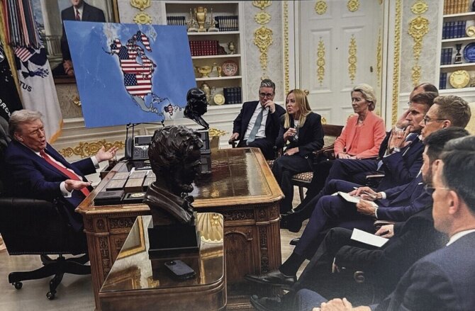 Donaldas Trumpas/ „Truth Social“/Donaldas Trumpas, Europos Sąjungos šalių vadovai. Dirbtiniu intelektu sugeneruotas vaizdas