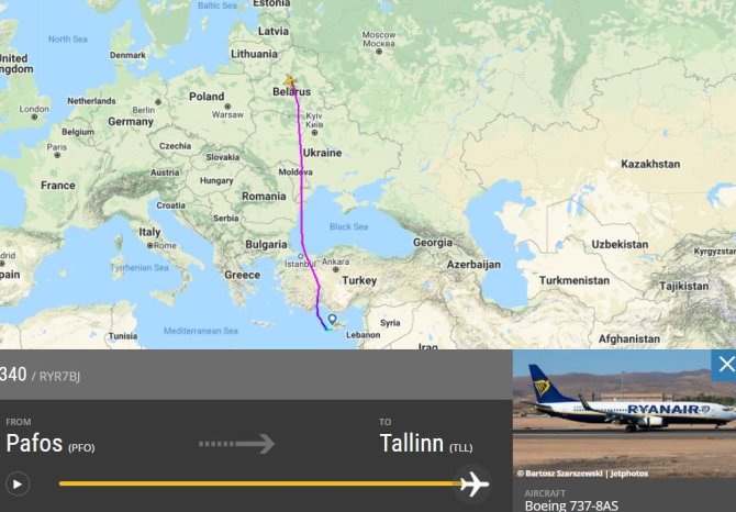 flightradar24.com iliustr./"Ryanair" skrydis iš Kipro į Estiją