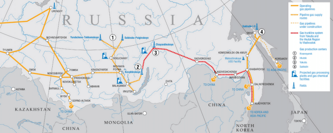  „Gazprom“ žemėlapis/Planuojamas dujotiekis iš Rytų Sibiro į Kiniją