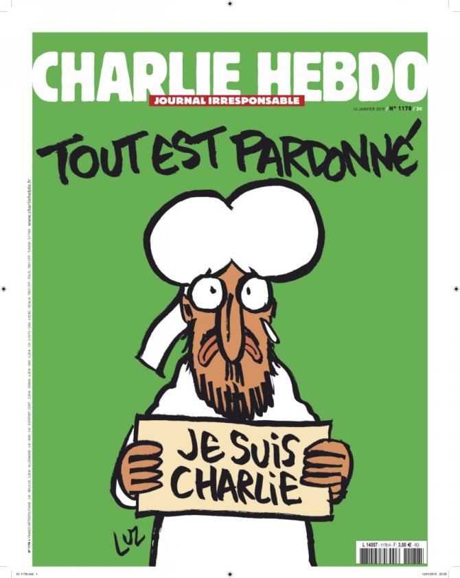 „Reuters“/„Scanpix“ nuotr./Sausio 13 diena. Satyrinio savaitraščio „Charlie Hebdo“ viršelis po teroristų atakos
