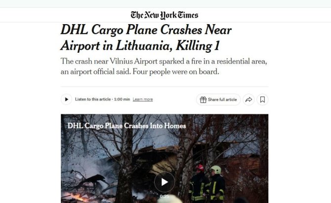 „The New York Times“ skelbia žinią apie Vilniuje nukritusį lėktuvą