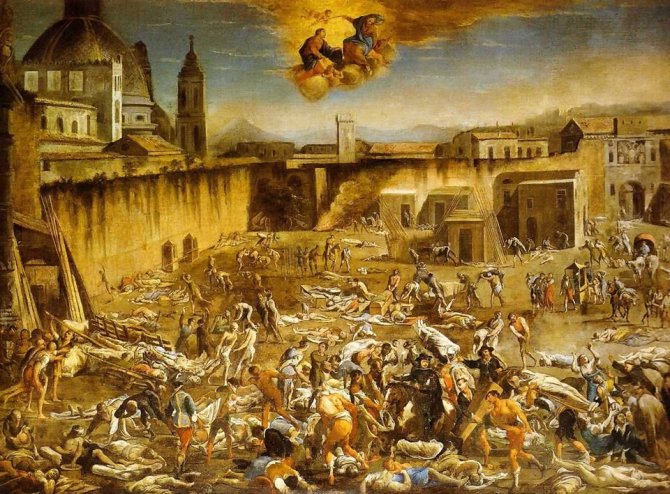 Wikipedia.org nuotr./Įvykių amžininko Domenico Gargiulo paveikslas „Neapolis 1656-ųjų maro metu“