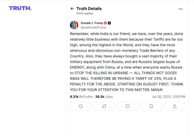 Ekrano nuotr./Donaldo Trumpo žinutė socialinio tinklo platformoje „Truth Social“