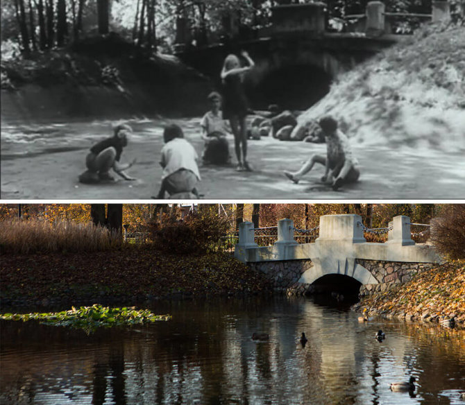 Tvenkinio tiltelis Bernardinų sode (buvęs Jaunimo sodas). Kadras iš vaidybinio filmo „Gražuolė“ (1969 m.), 1:37 min. ir dabartinis šios vietos vaizdas