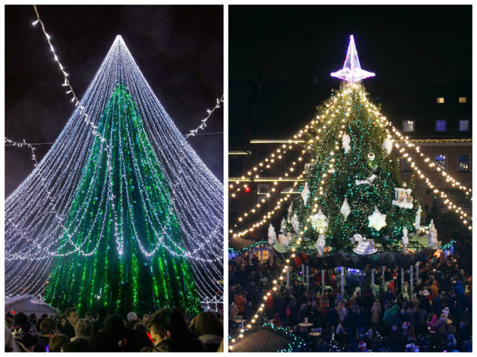 Luko Balandžio ir Eriko Ovčarenko nuotr./Kalėdų eglė Vilniuje (kairėje) ir Kaune (dešinėje)