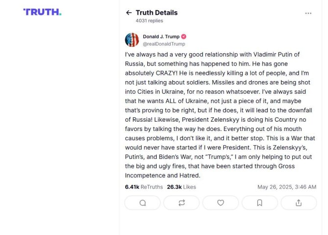 Donaldo Trumpo žinutė socialinio tinklo platformoje „Truth Social“