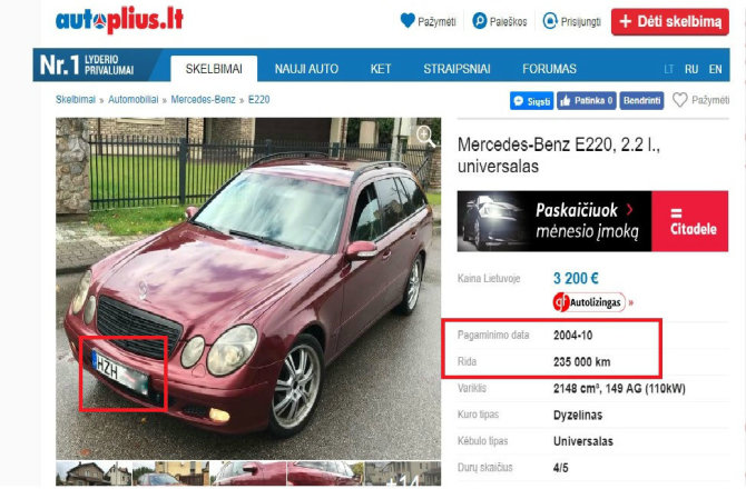 15min skaitytojo nuotr./„Mercedes-Benz“ E klasės modelio rida pasiekus Vilnių sumažėjo dukart.