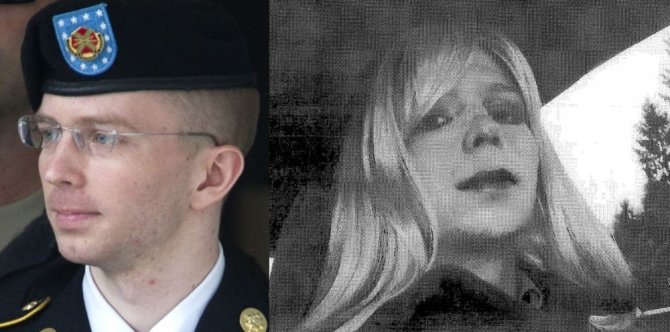 „Reuters“/„Scanpix“ nuotr./Kairėje – Bradley Manningas teisme 2013 metais. Dešinėje – nuotrauka iš 2010 metų, kai jis apsirengęs kaip moteris