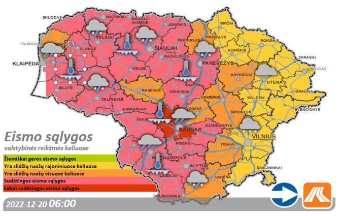 Lietuvos automobilių kelių direkcijos žemėlapis/Eismo sąlygos antradienio rytą