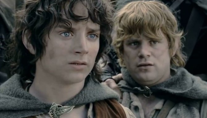 Kadras iš filmo/Filmo „Žiedų valdovas“ herojai Frodas ir Semas (dešinėje)