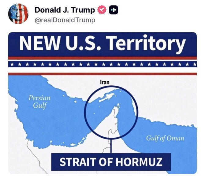 Ekrano nuotrauka/Donaldas Trumpas paskelbė, kad Hormuzo sąsiauris – nauja JAV teritorija