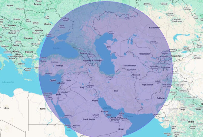 „Google Maps“ iliustr./Žemėlapyje – šalys, kurias galimai greičiausiai pasiektų Irano raketos