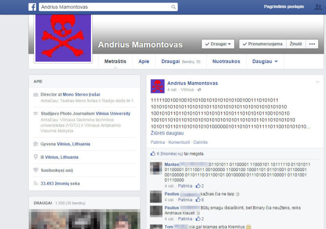 Andriaus Mamontovo paskyra „Facebook“ tinkle
