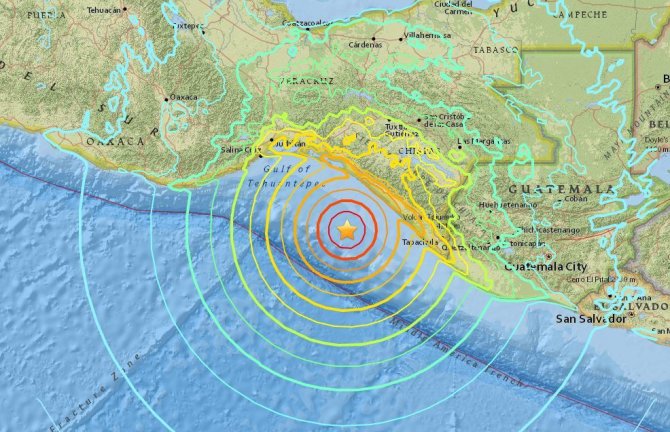 JAV Geologijos tarnybos žemėlapis/Žemės drebėjimas prie Meksikos krantų