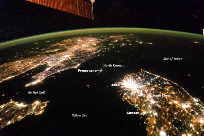 NASA nuotr./Šiaurės ir Pietų Korėjos iš kosmoso