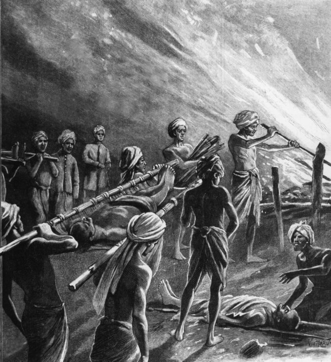 „Scanpix“ nuotr./1907-ųjų maras. Kūnų deginimas Indijoje.