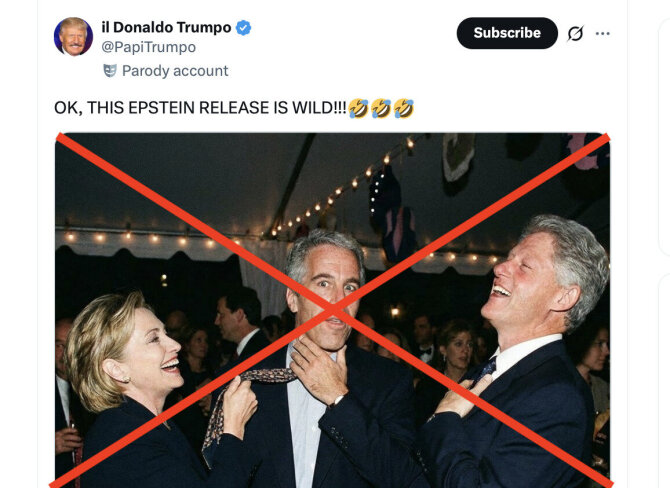 Ekrano nuotr. iš „X“/Dirbtinio intelekto sukurta Hillary ir Billo Clintonų bei Jeffrey Epsteino nuotrauka pirmiausiai pasirodė parodijų puslapyje „X“