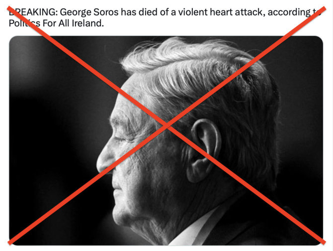 Ekrano nuotr. iš „Twitter“/Žinia, kad George'as Sorosas mirė nuo širdies smūgio, yra melas