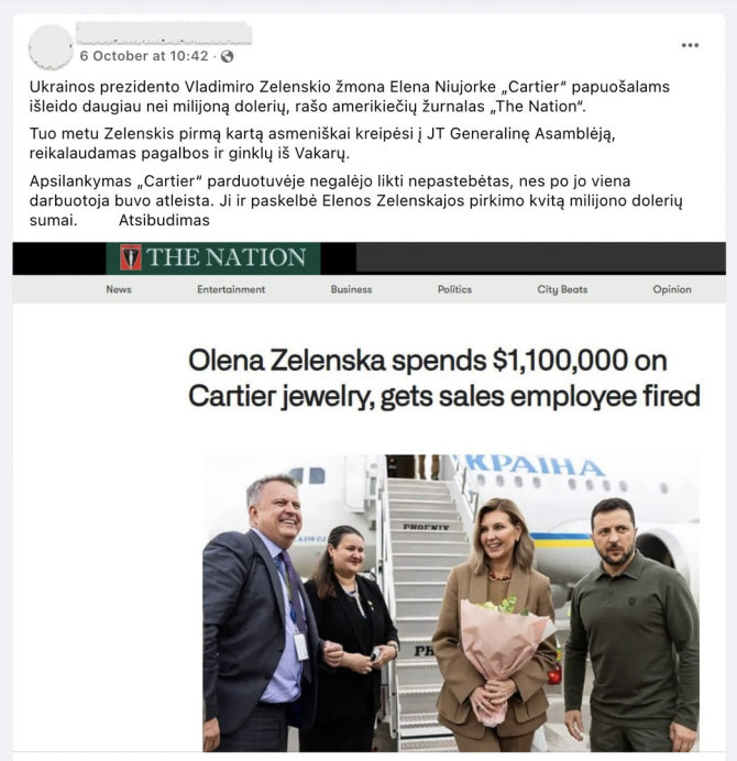 Ekrano nuotr. iš „Facebook“/Melas, kad Olena Zelenska prisipirko papuošalų Niujorke, - tuo metu ji viešėjo Kanadoje