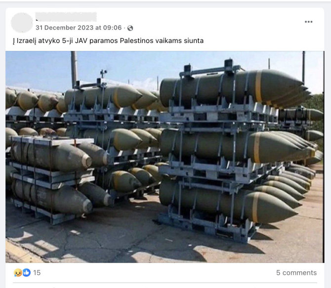 Ekrano nuotr. iš „Facebook“/JAV neperdavė šių bombų Izraeliui, jos nufotografuotos net ne šioje šalyje