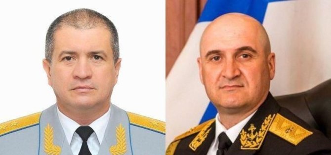 Socialinių tinklų nuotrauka/Rusijos tolimosios aviacijos vadas Sergejus Kobylašas ir Juodosios jūros laivyno vadas Viktoras Sokolovas