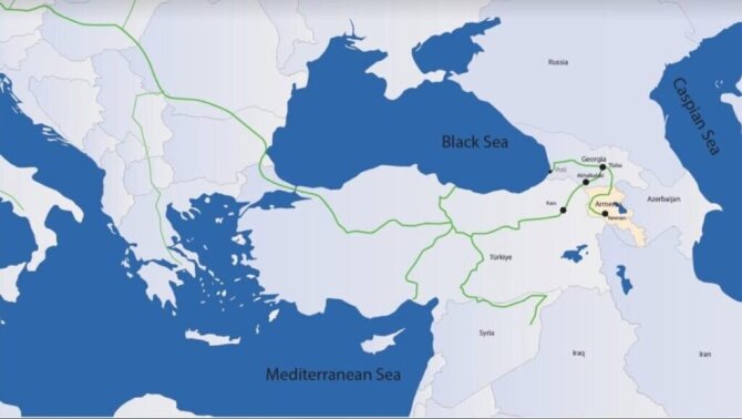 Soc. tinklų nuotr./Armėnijos geležinkelio jungtis su Europos Sąjunga per Sakartvelą ir Turkiją