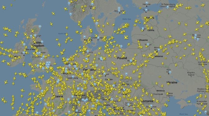 flightradar24.com iliustr./Skrydžiai Europoje