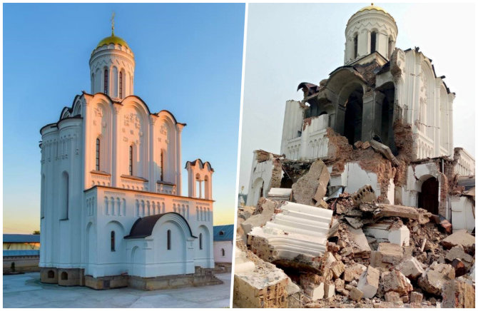 https://culturecrimes.mkip.gov.ua /Sviatogirsko lauros Šv.Jurgio vienuolyno cerkvė prieš ir po Rusijos atakos