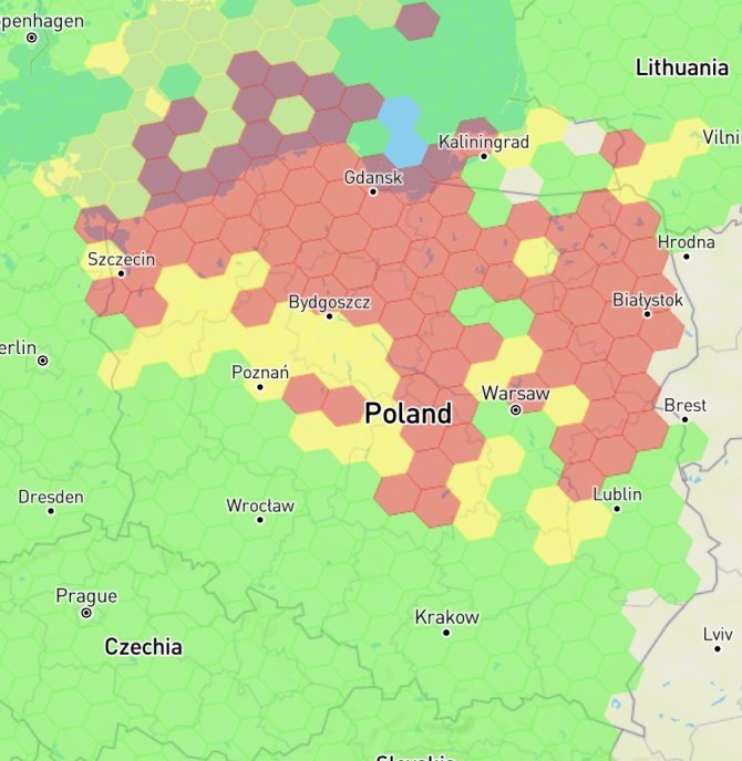 „X“ nuotr./Didelėje Lenkijos dalyje užfiksuoti GPS signalo trukdžiai.