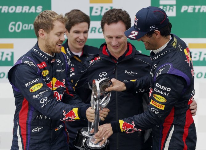 „Scanpix“ nuotr./Sebastianas Vettelis, Christianas Horneris ir Markas Webberis