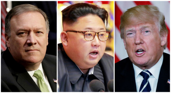 „Reuters“/„Scanpix“ nuotr./Mike'as Pompeo, Kim Jong Unas, Donaldas Trumpas