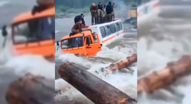 Stopkadras/Darbininkų autobusas užstrigo upės vagoje