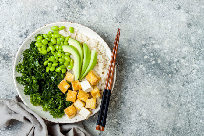 123RF.com photo/Tofu Cheese with Green Vegetables - Cabbage, Beans, Avocado and Cauliflower