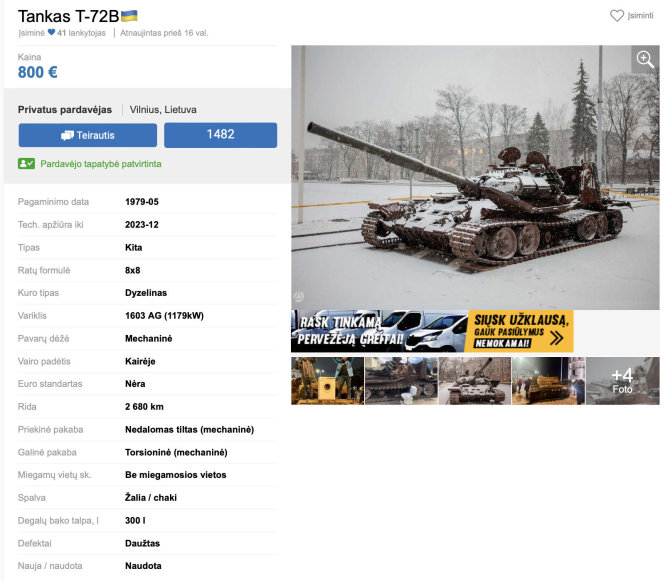 Ekrano nuotr. iš autoplius.lt/Ironiškas pasiūlymas pirkti tanką internete paskelbtas kartu su panašiais skelbimais apie automobilius