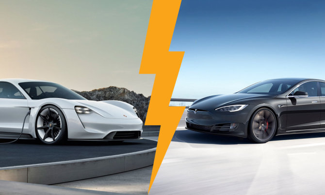 „Porche“ ir „Tesla“ nuotr./Porsche Taycan ir Tesla Model S