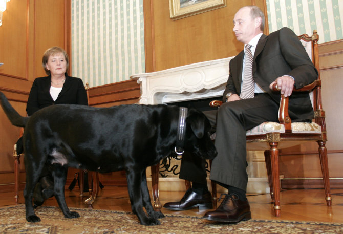 „Reuters“/„Scanpix“ nuotr./Angela Merkel, Vladimiras Putinas ir jo šuo