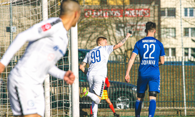 „FC Hegelmann“ nuotr./Augustinas Klimavičius džiaugiasi įvarčiu A lygoje.