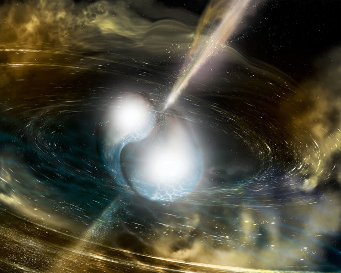 AFP/„Scanpix“ nuotr./Dailininko iliustracija: kaip galėtų atrodyti dviejų besijungiančių neutroninių žvaigždžių išmetamas gama spindulių žybsnis
