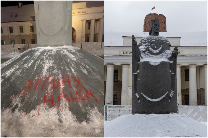 Vilniaus savivaldybės nuotr./Apipaišytas paminklas Karaliui Mindaugui Vilniuje