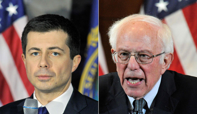 AFP/„Scanpix“ nuotr./Pete'as Buttigiegas ir Bernie Sandersas