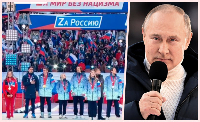 „Scanpix“ nuotr./Rusijos sporto žvaigždės dalyvavo V.Putino propagandiniame renginyje. Ant daugumos atletų aprangos matėsi Z raidė – dabar ji dažnai lyginama su A.Hitlerio laikų svastika.