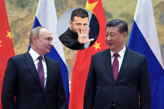 15min koliažas/Rusijos prezidentas Vladimiras Putinas, Kinijos lyderis Xi Jinpingas, Ukrainos vadovas Volodymyras Zelenskis