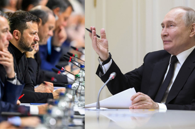 15min koliažas/Ukrainos prezidentas Volodymyras Zelenskis ir Rusijos vadovas Vladimiras Putinas