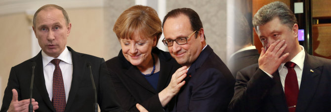 „Scanpix“/„Reuters“/AFP/15min.lt fotomontažas/Vladirmiras Putinas, Angela Merkel, Francois Hollande'as ir Petro Porošenka