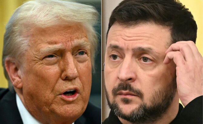 AFP/„Scanpix“ nuotr./Donaldas Trumpas ir Volodymyras Zelenskis