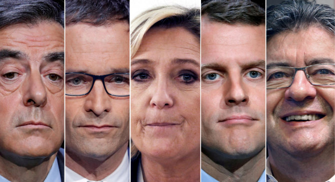 „Reuters“/„Scanpix“ nuotr./F.Fillonas, B.Hamonas, M.Le Pen, E.Macronas ir J.L.Melenchonas (iš kairės)