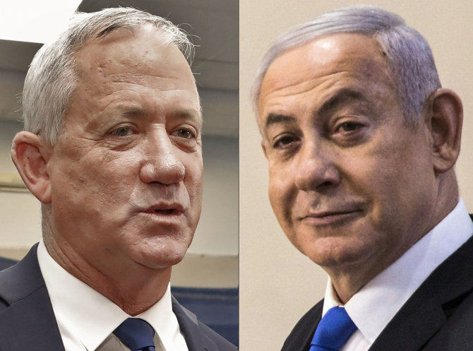 AFP/„Scanpix“ nuotr./Benny Gantzas ir Benjaminas Netanyahu
