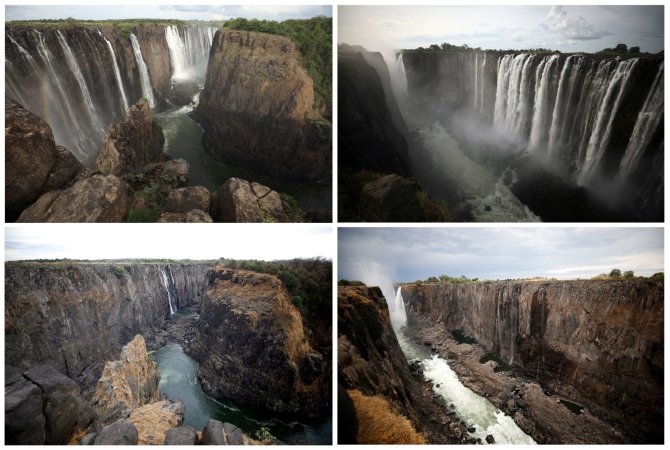 „Reuters“/„Scanpix“ nuotr./Viktorijos krioklys Zimbabvėje 2019 m. sausį (viršuje) ir gruodį (apačioje)